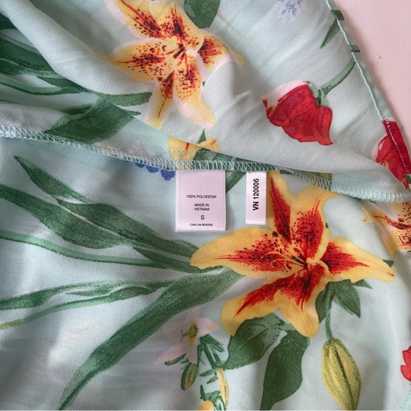 7th Avenue Design NY&Co Teal Floral Print Ruffle Design Sheer Sleeveless Blouse - Picture 4 of 4